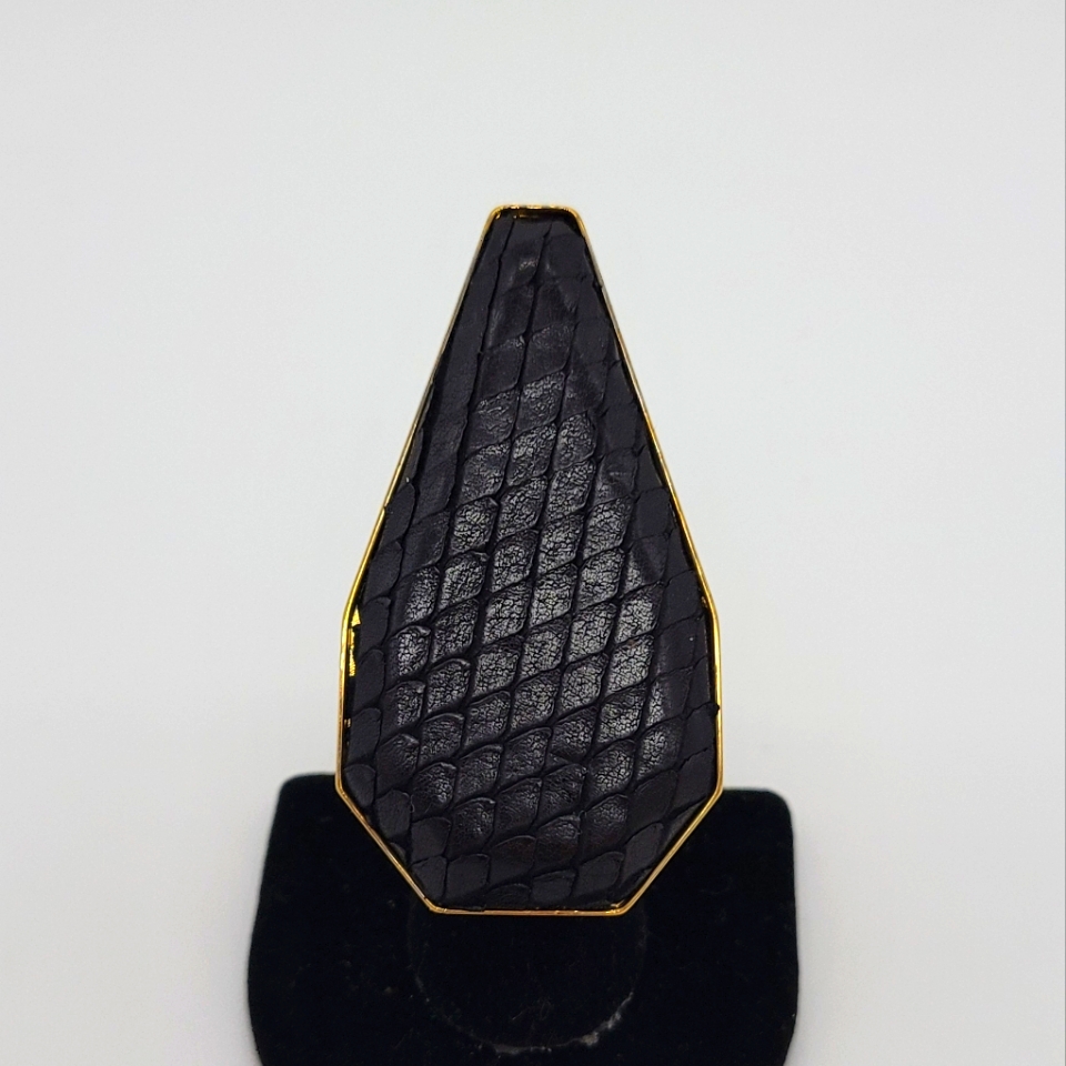 Vita Fede Black Snake Skin Coffen Shaped Ring In 24k Yellow Gold-Plated New